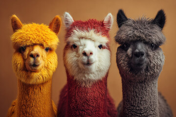 Obraz premium Drei Alpakas mit flauschigem Fell in warmen Naturfarben vor Studiohintergrund
