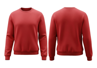 Classic Red Sweatshirt With Long Sleeves Front And Back Display, Cut Out, Clipping Path, Isolated on a Transparent PNG Background.