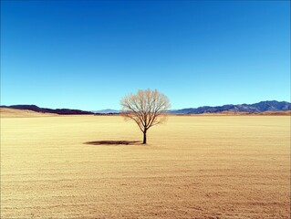 A solitary, bare tree casts a shadow on a wide, golden field under a bright blue sky, with mountains in the distance.