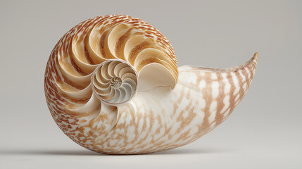 calcified. Tightly curled nautilus shell in warm beige tones on a neutral background. wildlife magazines, conservation campaigns, designed for nature documentaries and education.