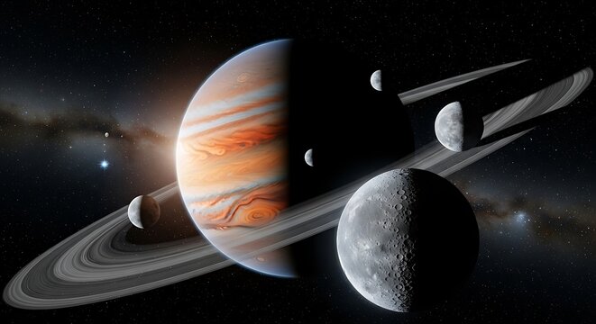 Spectacular Jupiter and its moons with rings in deep space.