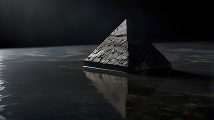Ultra-realistic matte stone pyramid hovering above reflective black water with subtle texture