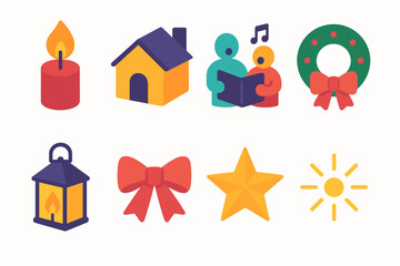 Posadas Icon Set. Posadas Home Gathering flat icon set: candle flame, house, singing figures, wreath, lantern, ribbon, star, glow
