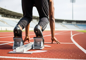 Close-Up View of Sprinter in Starting Blocks on Track