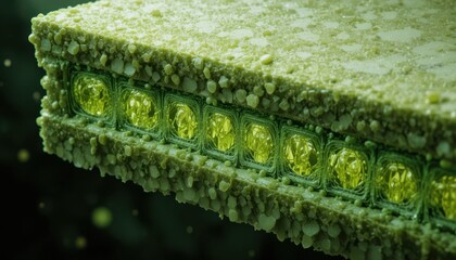 Macro Abstract Green Geometric Structure with Luminescent Yellow Elements and Textured Surface