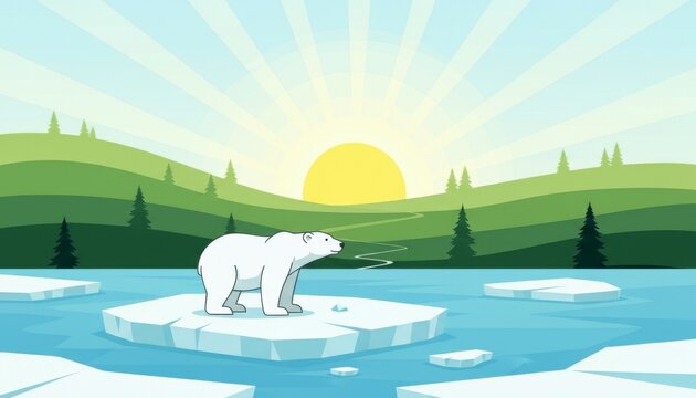 A lone polar bear stands on a melting ice floe in a blue ocean with green hills and a bright sun in the background, depicting climate change. - Powered by Adobe