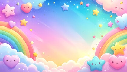 Dreamy Pastel Rainbow Sky with Cute Stars and Hearts.
