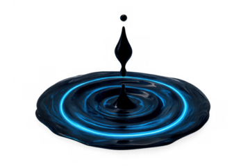 Liquid drop splashing into a dark fluid creating electric blue neon ripples, abstract energy wave, transparent background