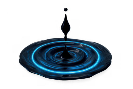Liquid drop splashing into a dark fluid creating electric blue neon ripples, abstract energy wave, transparent background