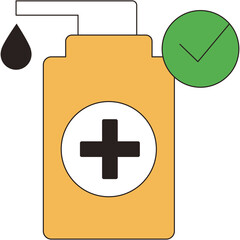 Orange hand sanitizer dispenser with black drop and green checkmark symbol indicating cleanliness and hygiene safety