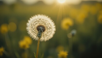 Dandelion Seed Head in Golden Sunlight with a Soft and Dreamy Feeling Landscape Background