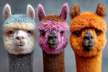 Obraz premium Drei farbige Alpakas mit flauschigem Fell vor grauem Studiohintergrund