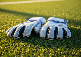 Close-up Goalkeeper Gloves on Green Soccer Field Turf
