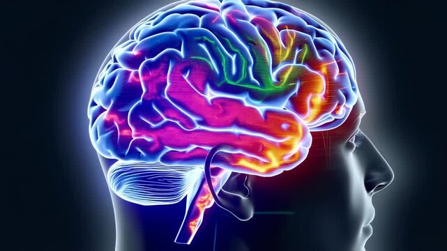 Glowing, colorful digital illustration of a brain with a head outline