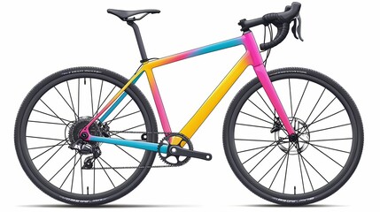 Fototapeta premium Modern gravel bicycle features a vibrant, colorful frame with high-contrast components isolated on white