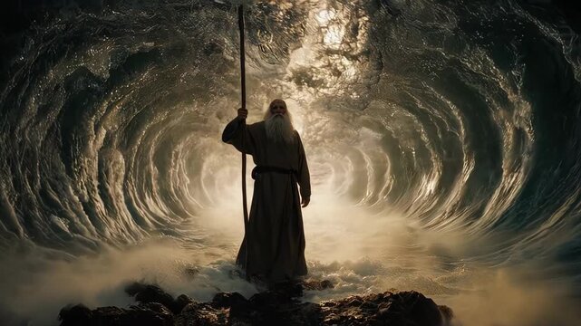Moses Parting the Red Sea: Dramatic Biblical Scene with Powerful Waves and Divine Intervention