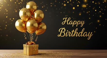 Golden Birthday Celebration with Balloons and Gift on a Wooden Surface