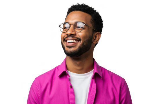 Smiling man wearing glasses and a pink shirt isolated on transparent background - Powered by Adobe