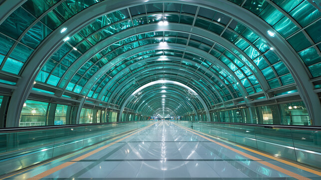 Futuristic eco-friendly station with curved glass architecture. Futuristic transit station, with curved glass roof, green energy lighting, clean platforms, eco-friendly modern design. Public transport