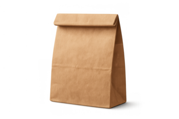 Brown paper lunch bag for takeout or delivery service, eco-friendly food packaging, kraft reusable shopping container, transparent background
