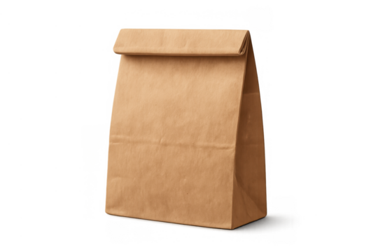 Brown paper lunch bag for takeout or delivery service, eco-friendly food packaging, kraft reusable shopping container, transparent background