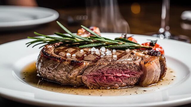 Juicy grilled steak with rosemary and sea salt on a white plate.