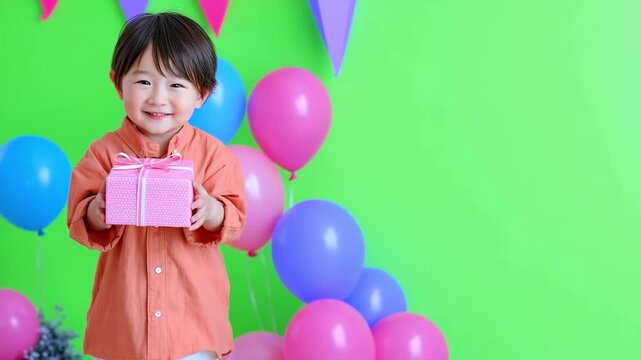 Smiling Asian Boy Give Gift Box On green screen background. With pink and blue Balloons. Happy Birthday concept. Chroma key