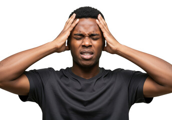 Man holding head in distress isolated on transparent background