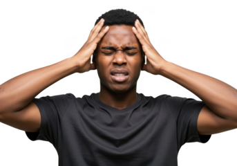 Man holding head in distress isolated on transparent background
