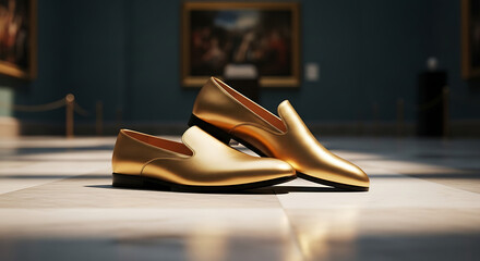 Pair of gold leather loafers fashion footwear