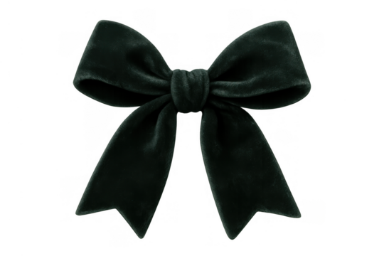 Dark green velvet bow creating an elegant knot, ready for gifts, presents, or festive decorations, with a transparent background