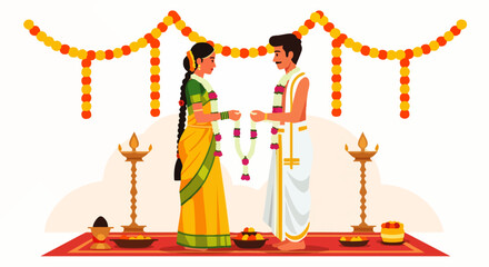 Flat vector illustration of a vibrant South Indian wedding ceremony, traditional flower garlands and auspicious decorations, depicting love, happiness, culture, traditional