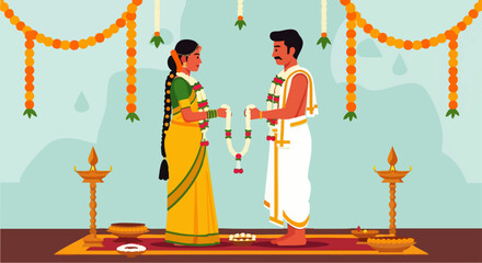 Flat vector illustration of a vibrant South Indian wedding ceremony, traditional flower garlands and auspicious decorations, depicting love, happiness, culture, traditional