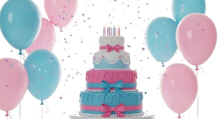 Gender reveal party with a beautiful cake and pink blue balloons