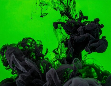 Black ink plumes swirling in water against a bright green background