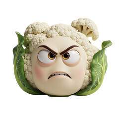 Grumpy cauliflower character with angry expression, perfect for humorous food content or illustrating picky eating and healthy eating challenges