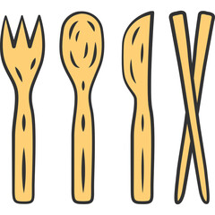Set of four cartoon wooden disposable cutlery with fork spoon knife and chopsticks isolated on white background in studio lighting