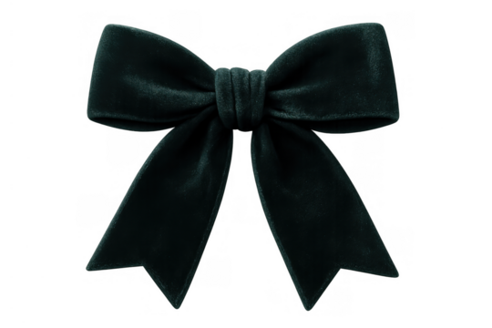 Dark green velvet ribbon bow tying on a gift packaging, elegant decoration material for celebration events, transparent background