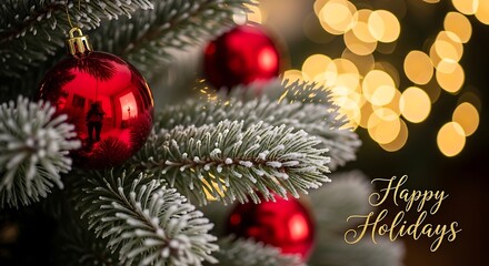 Christmas background with xmas tree, Christmas red decoration and sparkle bokeh lights on blur background. Merry Christmas greeting card. Winter holiday theme. Happy New Year. Space for text