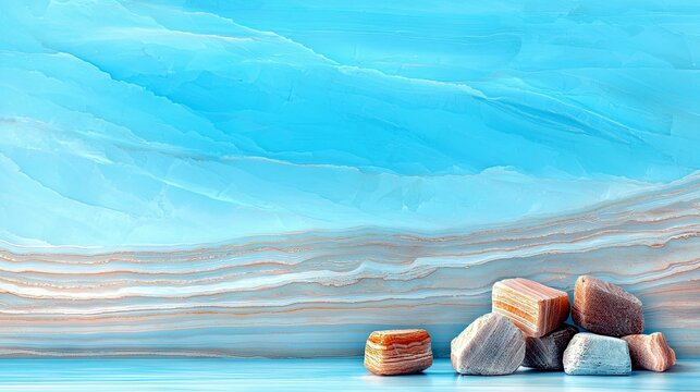A collection of smooth, layered stones sits on a reflective surface in front of an abstract background with swirling patterns of blue and white.