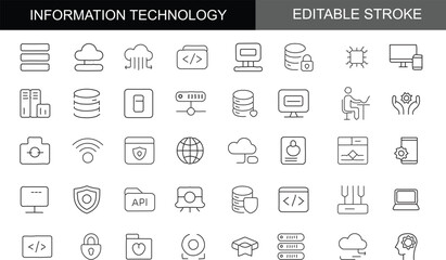 Information Technology, Cloud Computing, and Data Security Minimalist Line Icons Set with Editable Stroke: Featuring Server, Database, Networking, and Programming Symbols