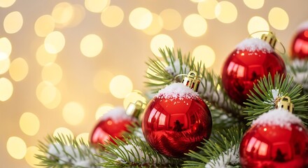 Christmas background with xmas tree, Christmas red decoration and sparkle bokeh lights on blur background. Merry Christmas greeting card. Winter holiday theme. Happy New Year. Space for text