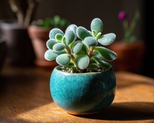 Small Succulent Plant In Teal Pot On Wooden Table