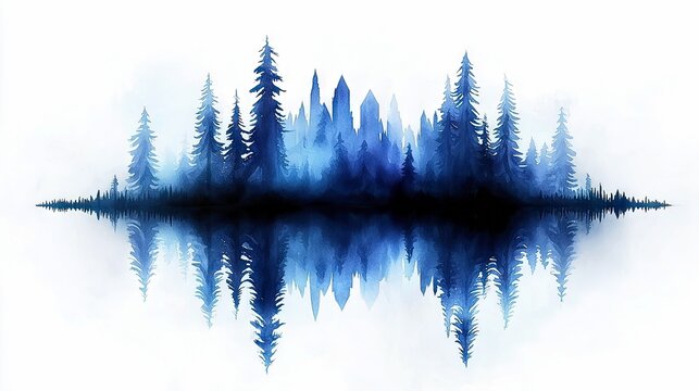 A silhouette of a dense forest with pine trees is depicted in shades of blue, reflected in calm water.
