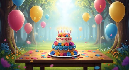 Whimsical birthday celebration with cake balloons and confetti in magical forest