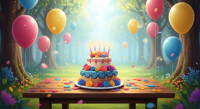 Whimsical birthday celebration with cake balloons and confetti in magical forest