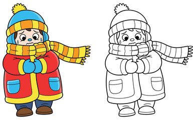 Cute cartoon boy shivering in winter clothes colored and outline vector illustration for coloring book freezing child with scarf and hat.