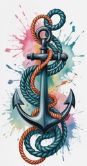 Watercolor anchor with ropes, nautical themed art, marine illustration for tattoo and decor use