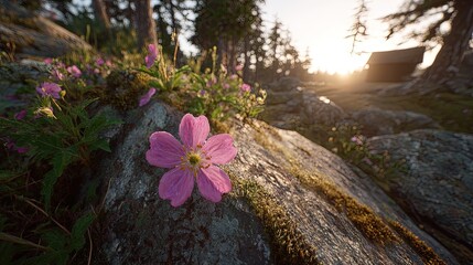 Pink Flower On Rocky Mountainside Sunrise
