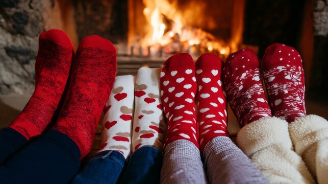 Friends or family relax by a crackling fireplace while wearing vibrant, patterned socks. The warm glow of the fire adds to the cozy atmosphere created during winter gatherings - Powered by Adobe
